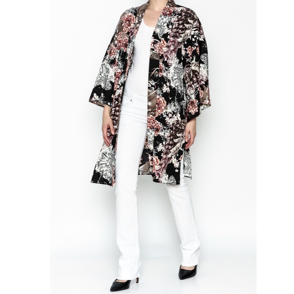 Floral print wide sleeve kimono
